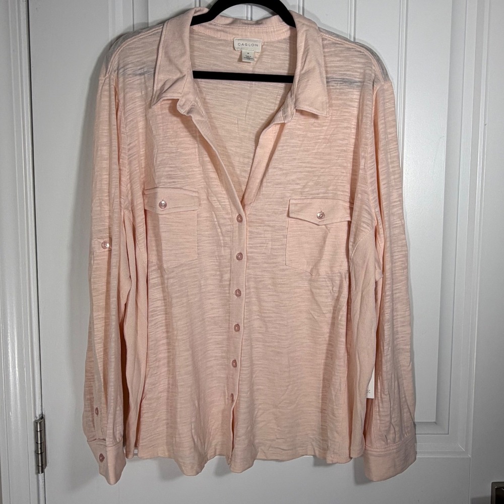 Caslon Womens 3X Peach Slub Knit Roll Tab Sleeve Button Down Shirt